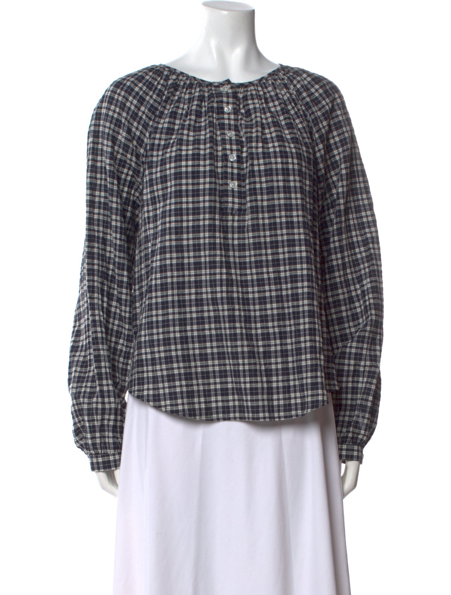Veronica Beard Plaid Print Crew Neck Button-Up Top
