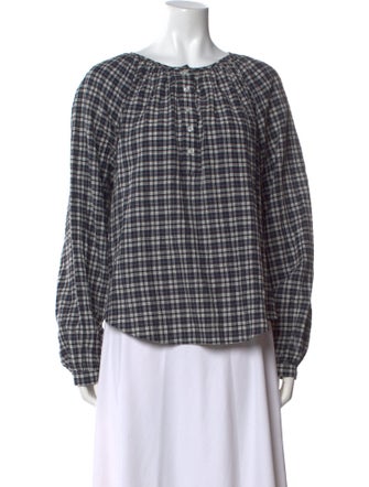 Veronica Beard Plaid Print Crew Neck Button-Up Top