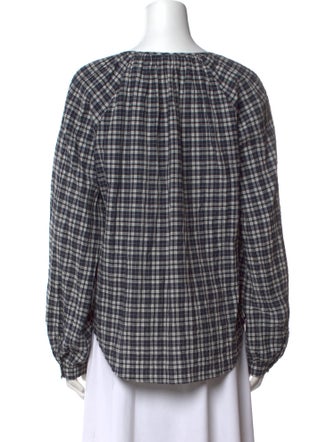 Veronica Beard Plaid Print Crew Neck Button-Up Top