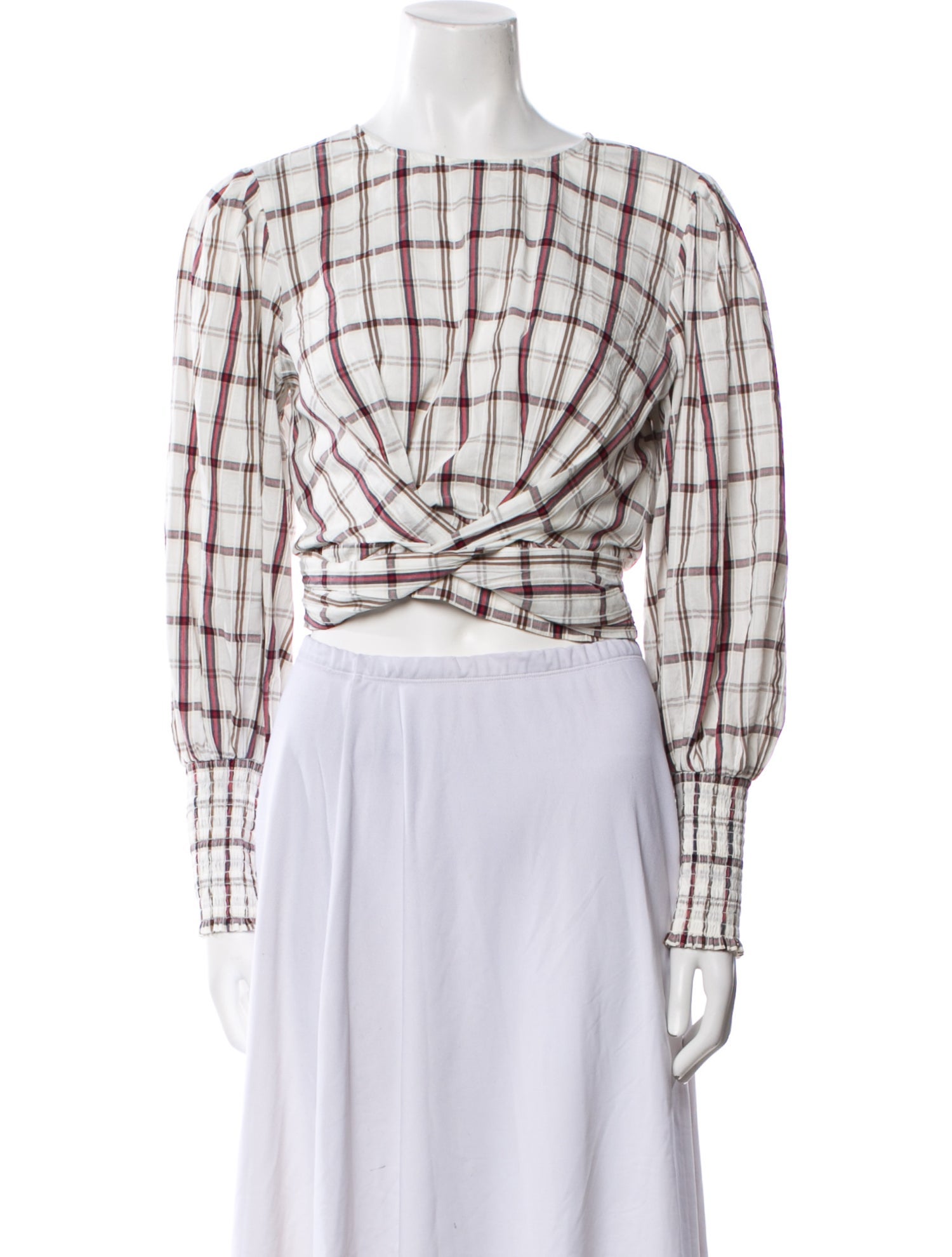 Veronica Beard Plaid Print Bateau Neckline Crop Top