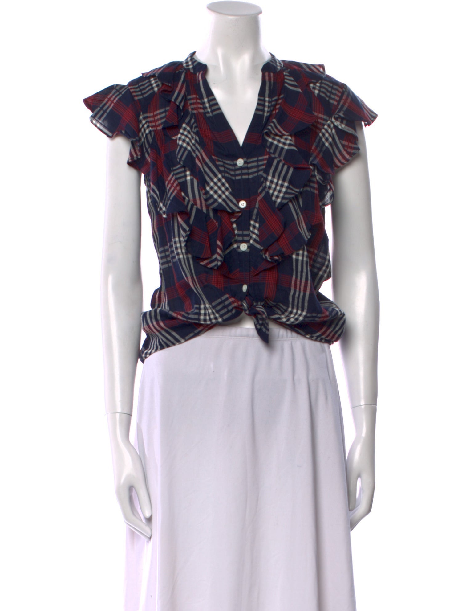 Veronica Beard Plaid Print V-Neck Crop Top