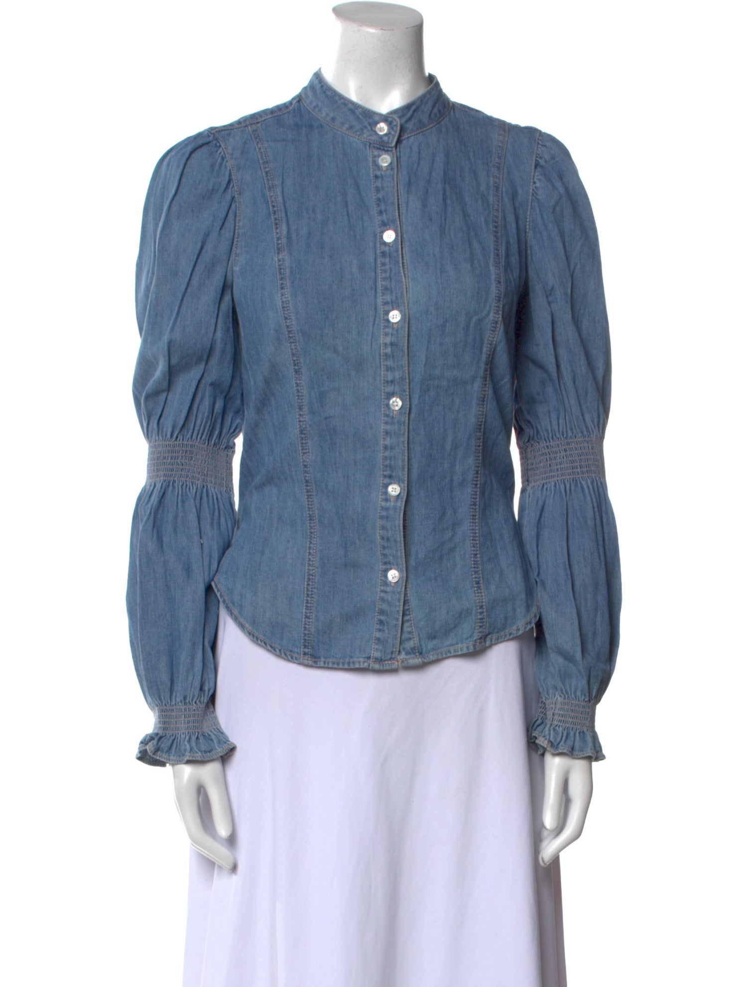 Veronica Beard Mock Neck Long Sleeve Button-Up Top