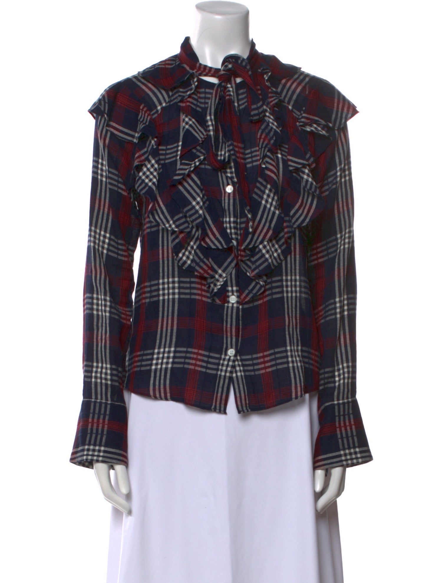 Veronica Beard Plaid Print Mock Neck Button-Up Top