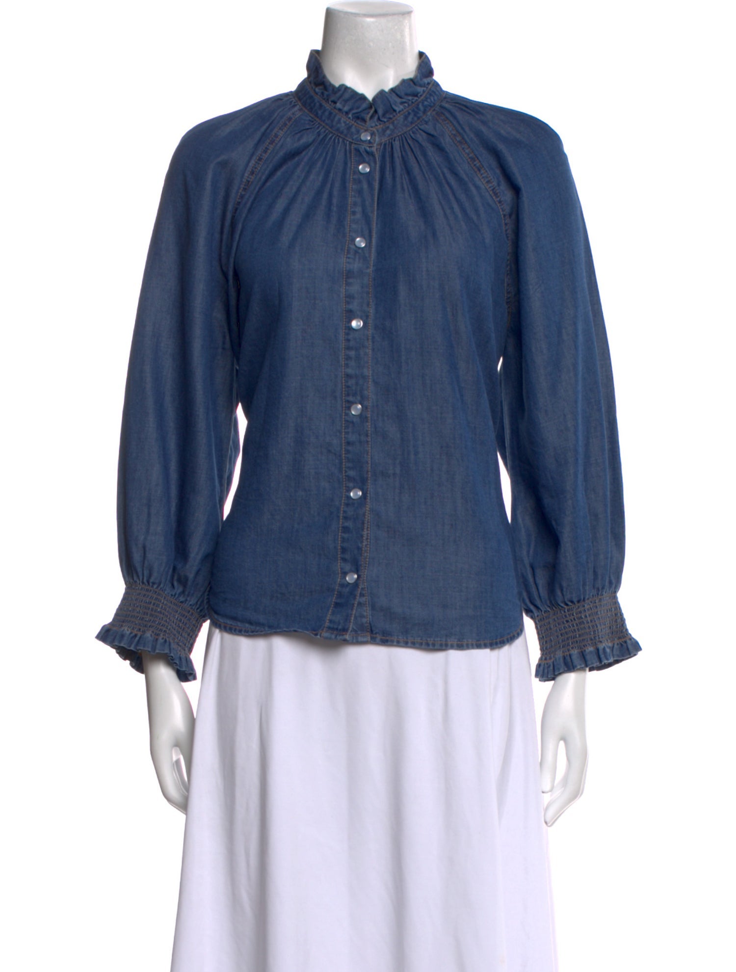 Veronica Beard Mock Neck Long Sleeve Button-Up Top