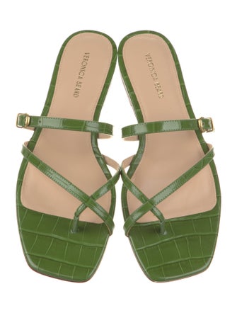 Veronica Beard Embossed Leather Leather Trim Embellishment Slides