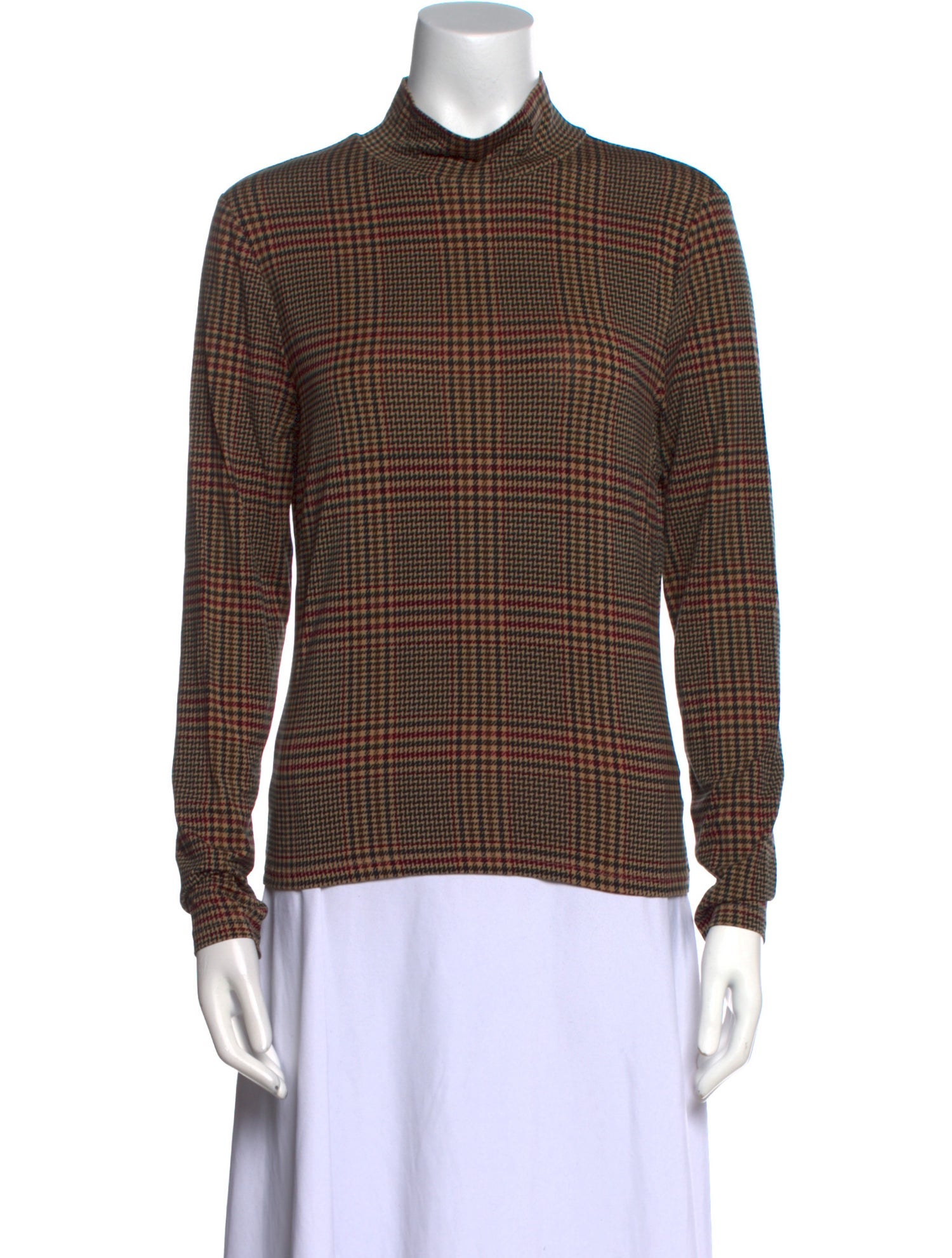 Veronica Beard Plaid Print Mock Neck Button-Up Top