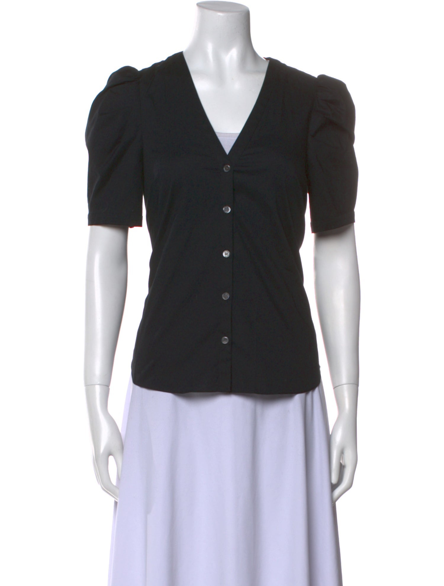 Veronica Beard V-Neck Short Sleeve Button-Up Top