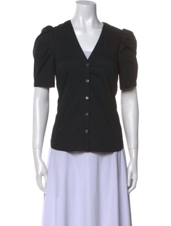 Veronica Beard V-Neck Short Sleeve Button-Up Top