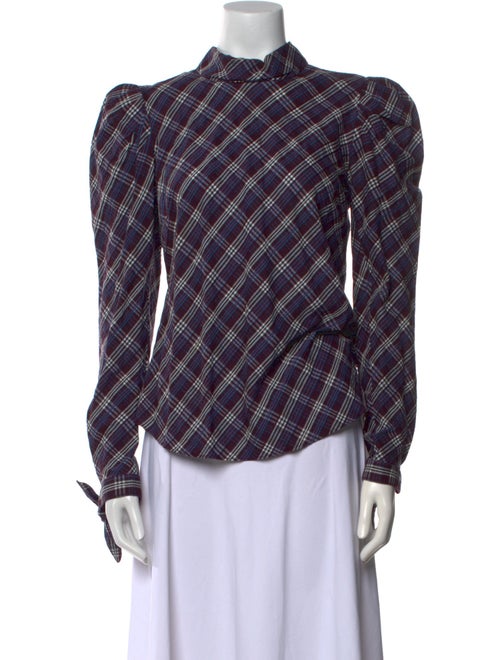 Veronica Beard Plaid Print Mock Neck Button-Up Top