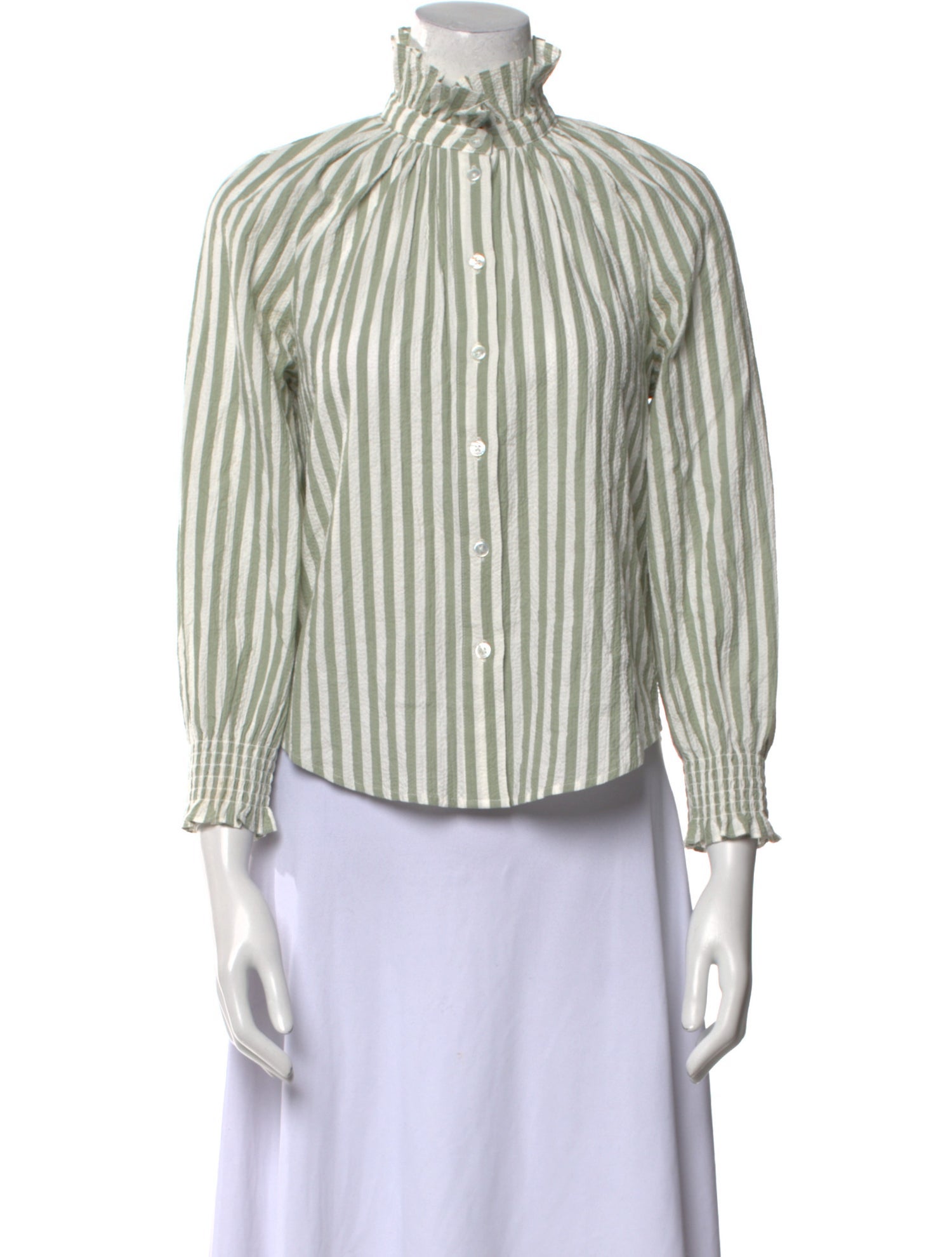 Veronica Beard Striped Mock Neck Button-Up Top