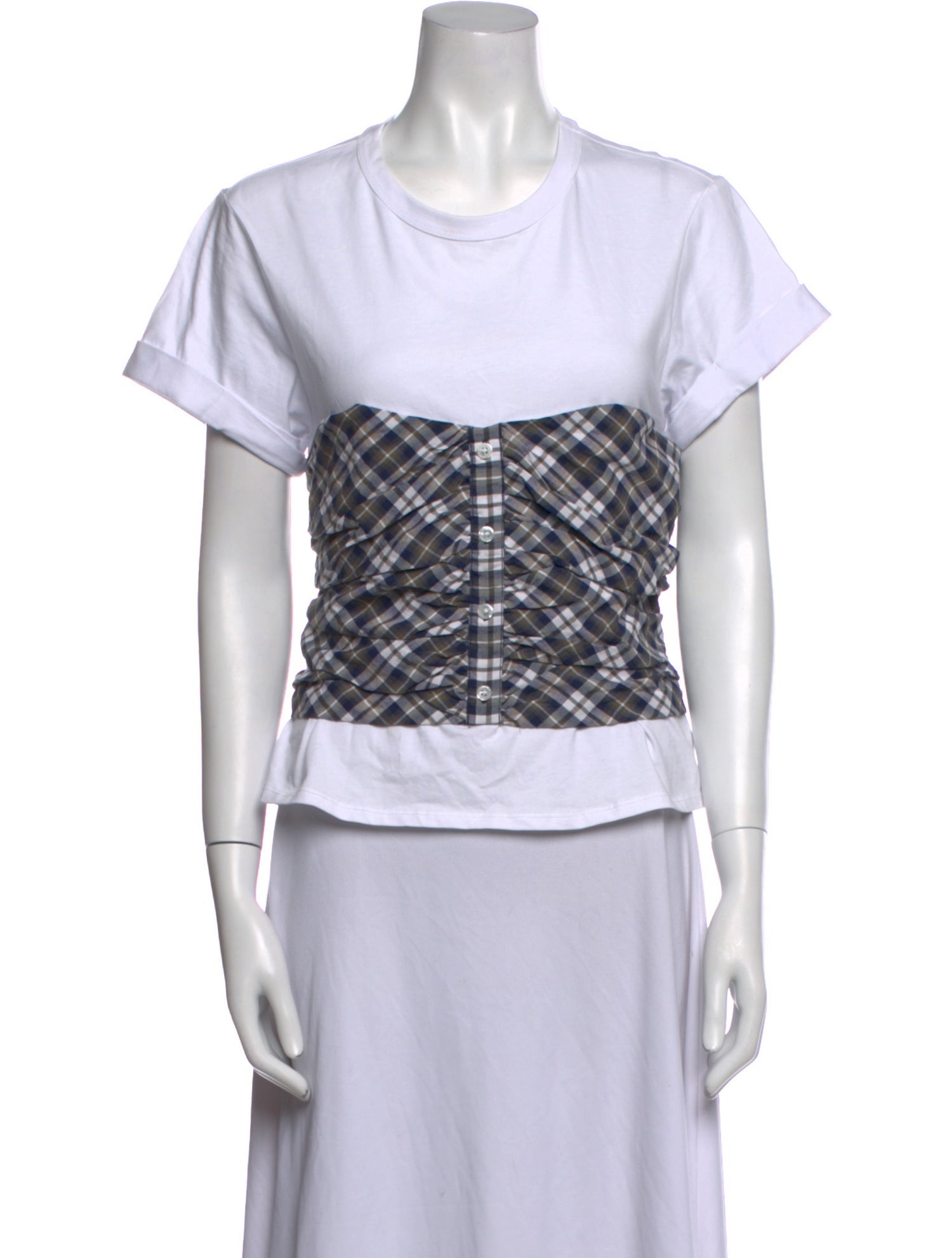 Veronica Beard Plaid Print Crew Neck Crop Top