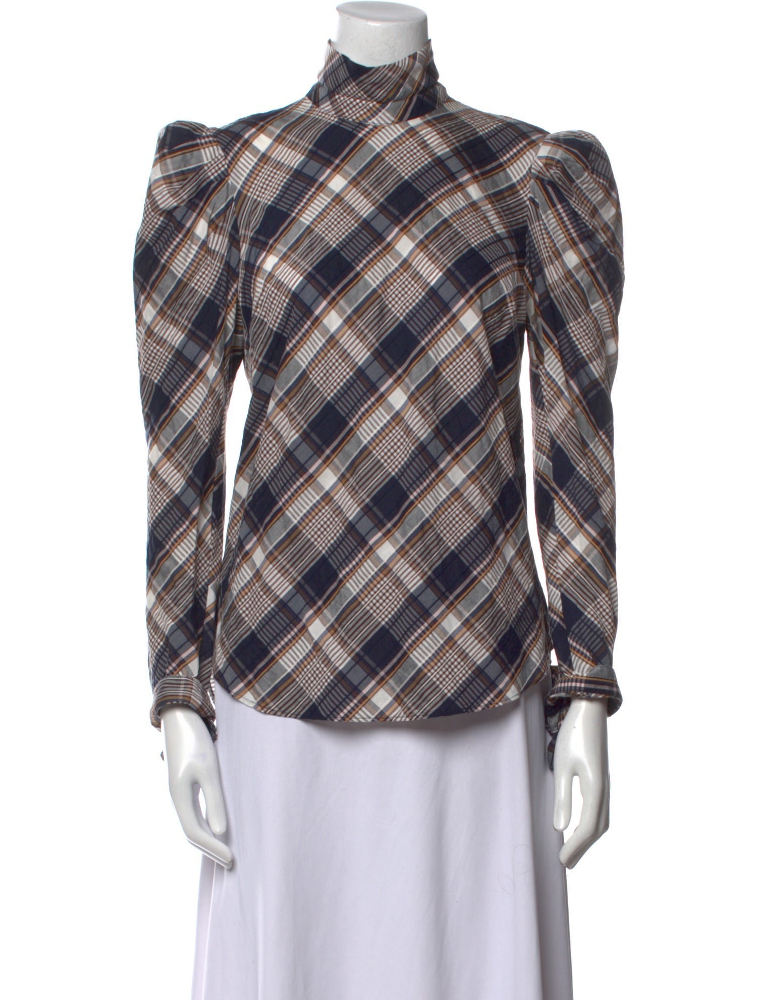 Veronica Beard Plaid Print Mock Neck Blouse