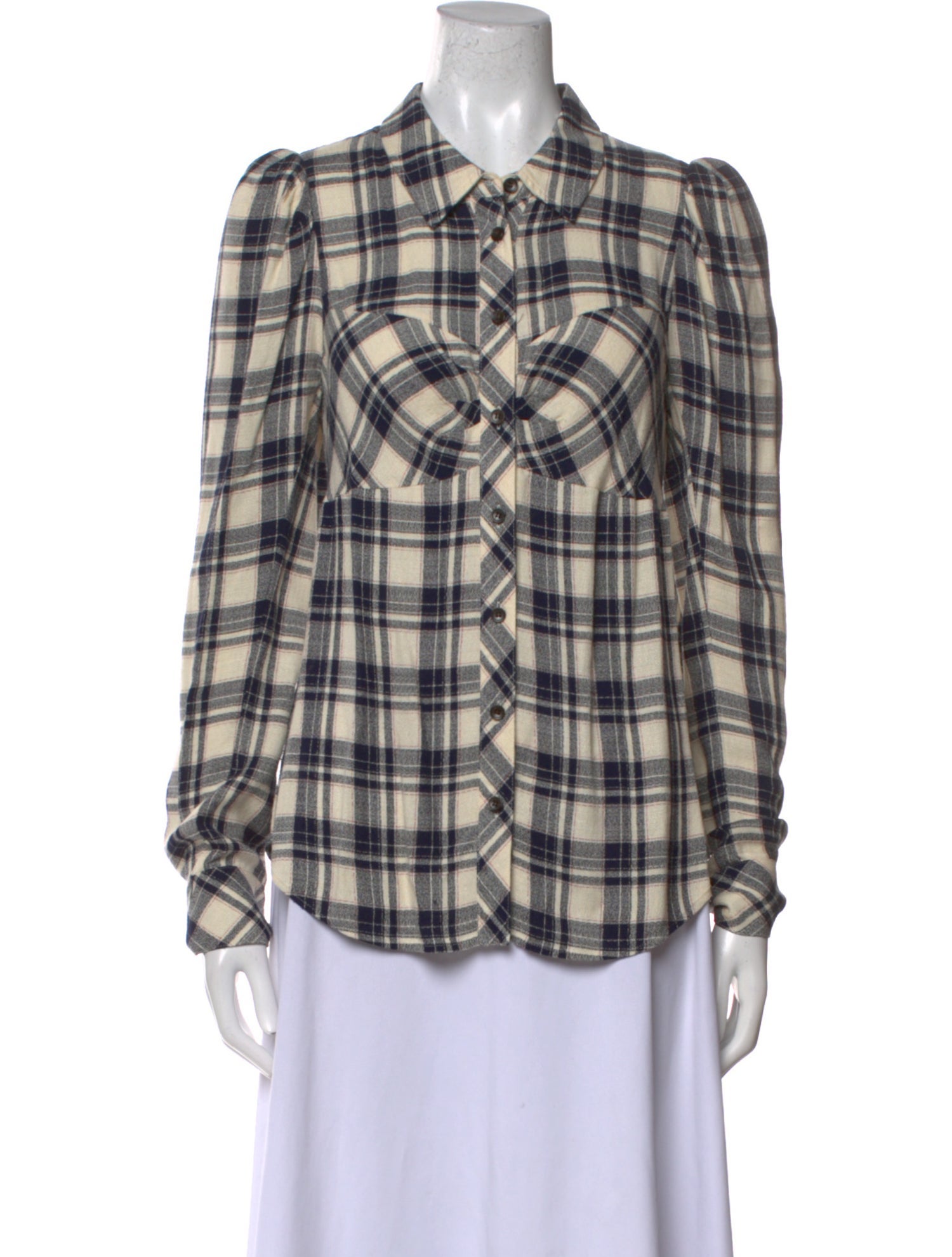 Veronica Beard Plaid Print Long Sleeve Button-Up Top