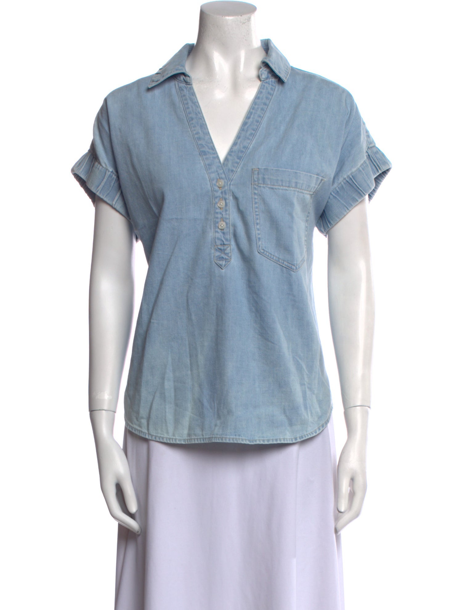 Veronica Beard V-Neck Short Sleeve Button-Up Top