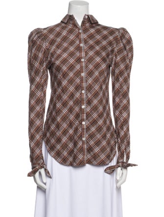 Veronica Beard Plaid Print Mock Neck Button-Up Top