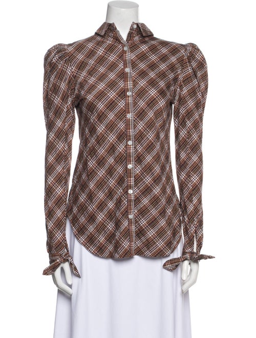 Veronica Beard Plaid Print Mock Neck Button-Up Top