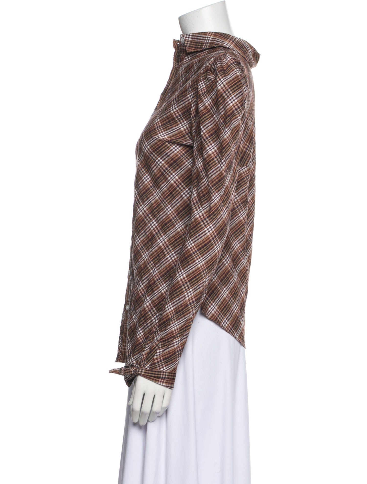 Veronica Beard Plaid Print Mock Neck Button-Up Top