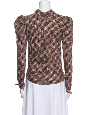 Veronica Beard Plaid Print Mock Neck Button-Up Top