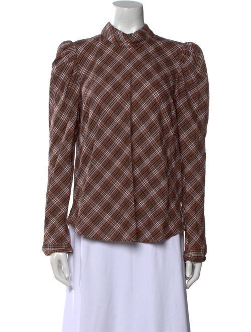 Veronica Beard Plaid Print Mock Neck Button-Up Top