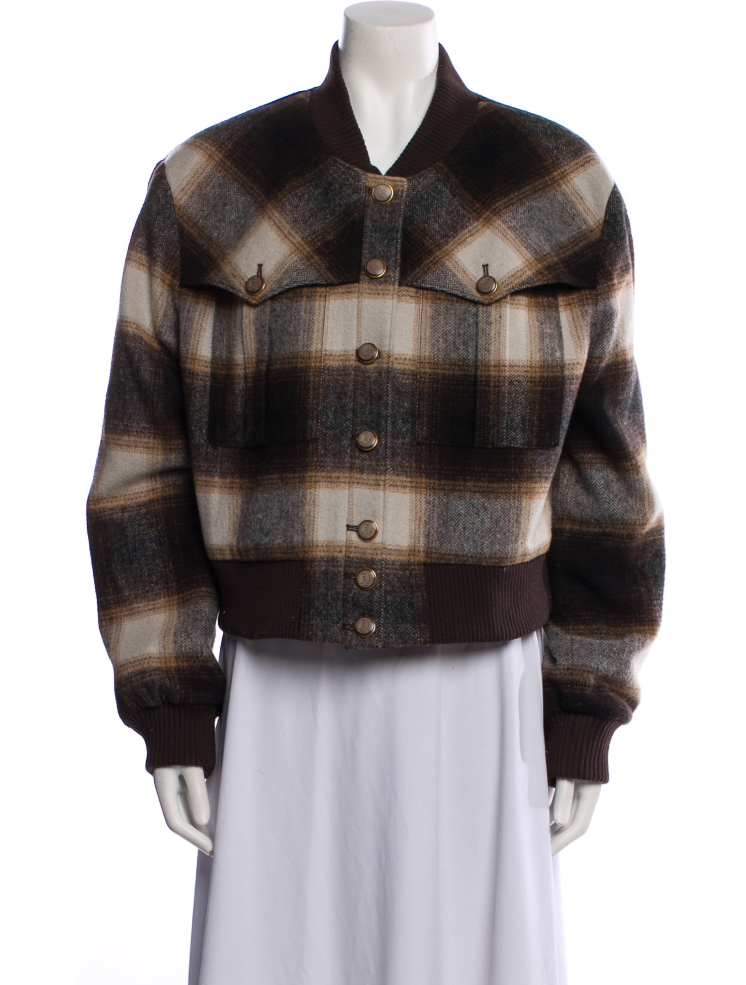 Veronica Beard Wool Plaid Print Faux Fur Jacket