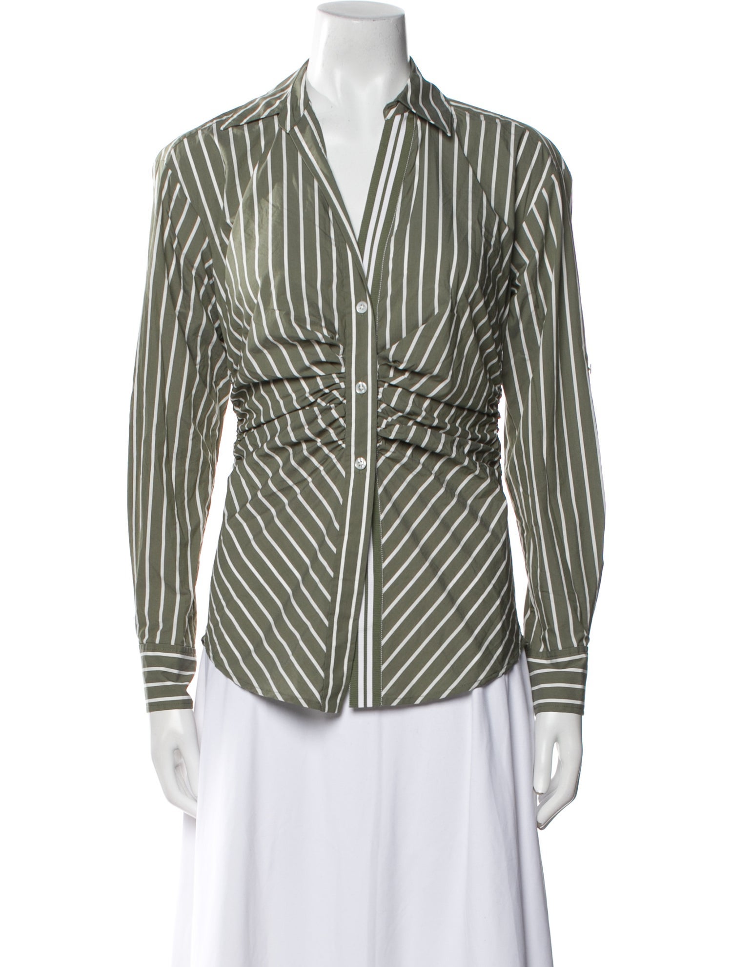 Veronica Beard Striped V-Neck Button-Up Top