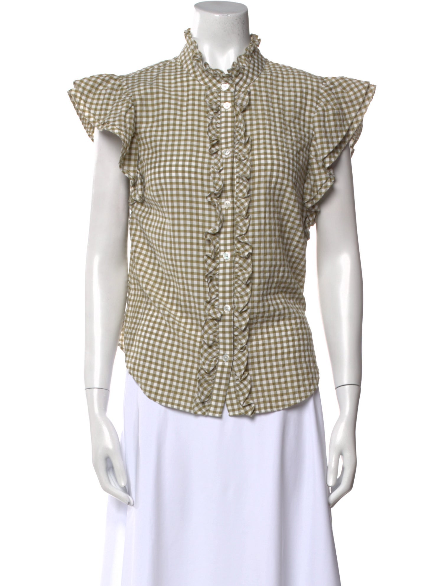 Veronica Beard Plaid Print Mock Neck Button-Up Top