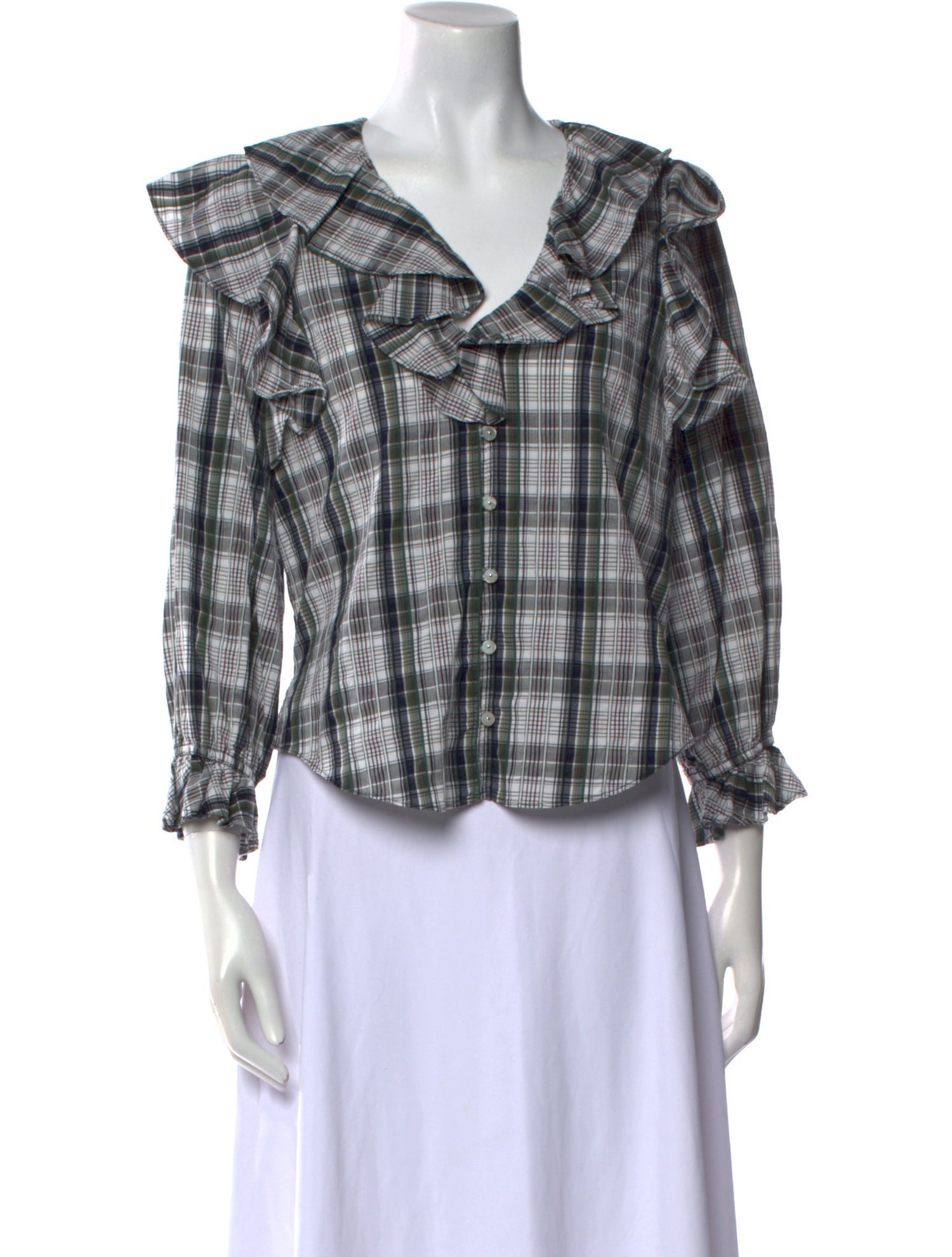 Veronica Beard Plaid Print V-Neck Button-Up Top