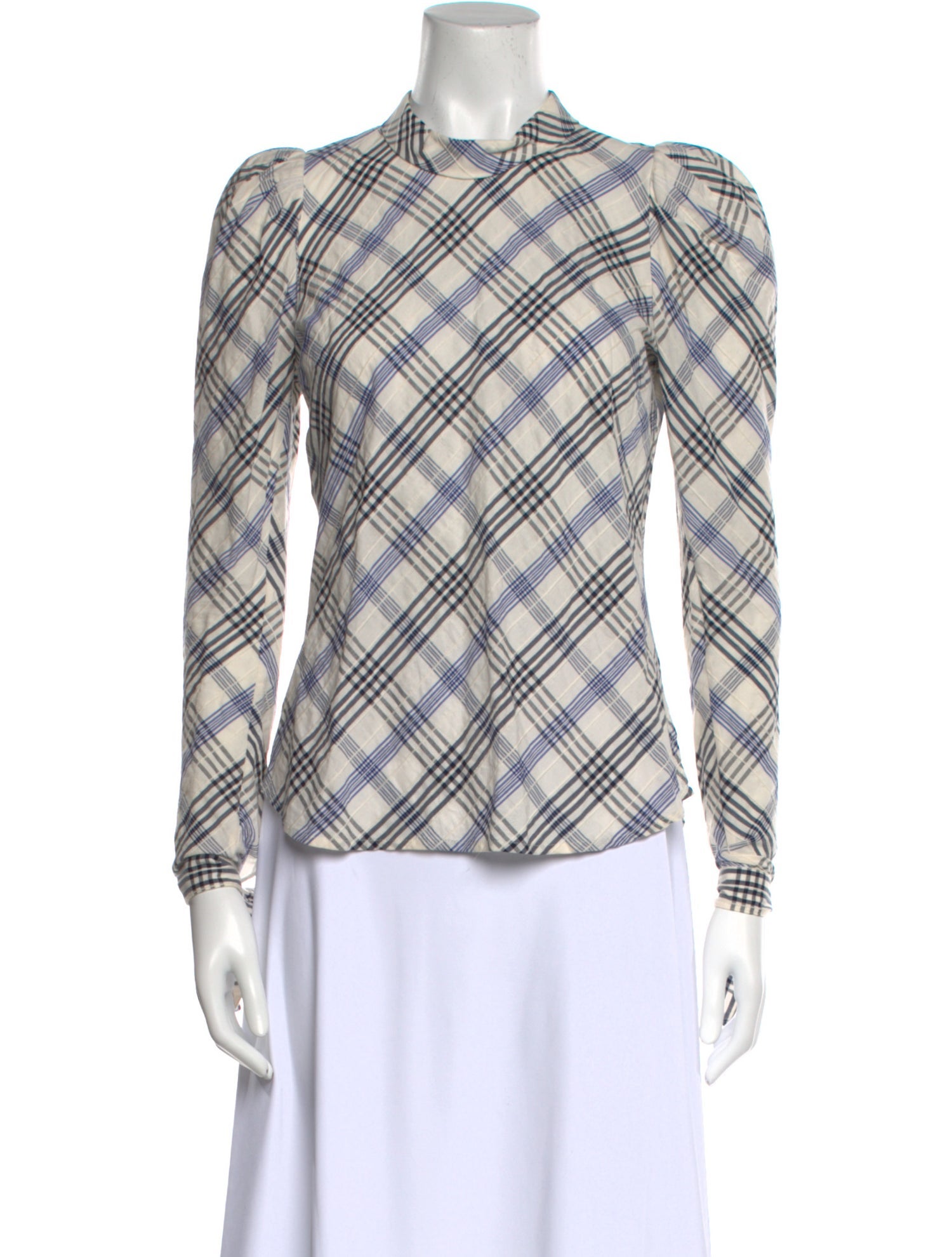 Veronica Beard Plaid Print Mock Neck Button-Up Top