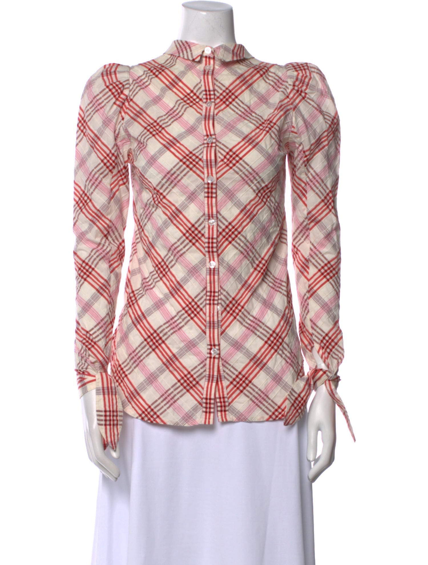 Veronica Beard Plaid Print Mock Neck Button-Up Top