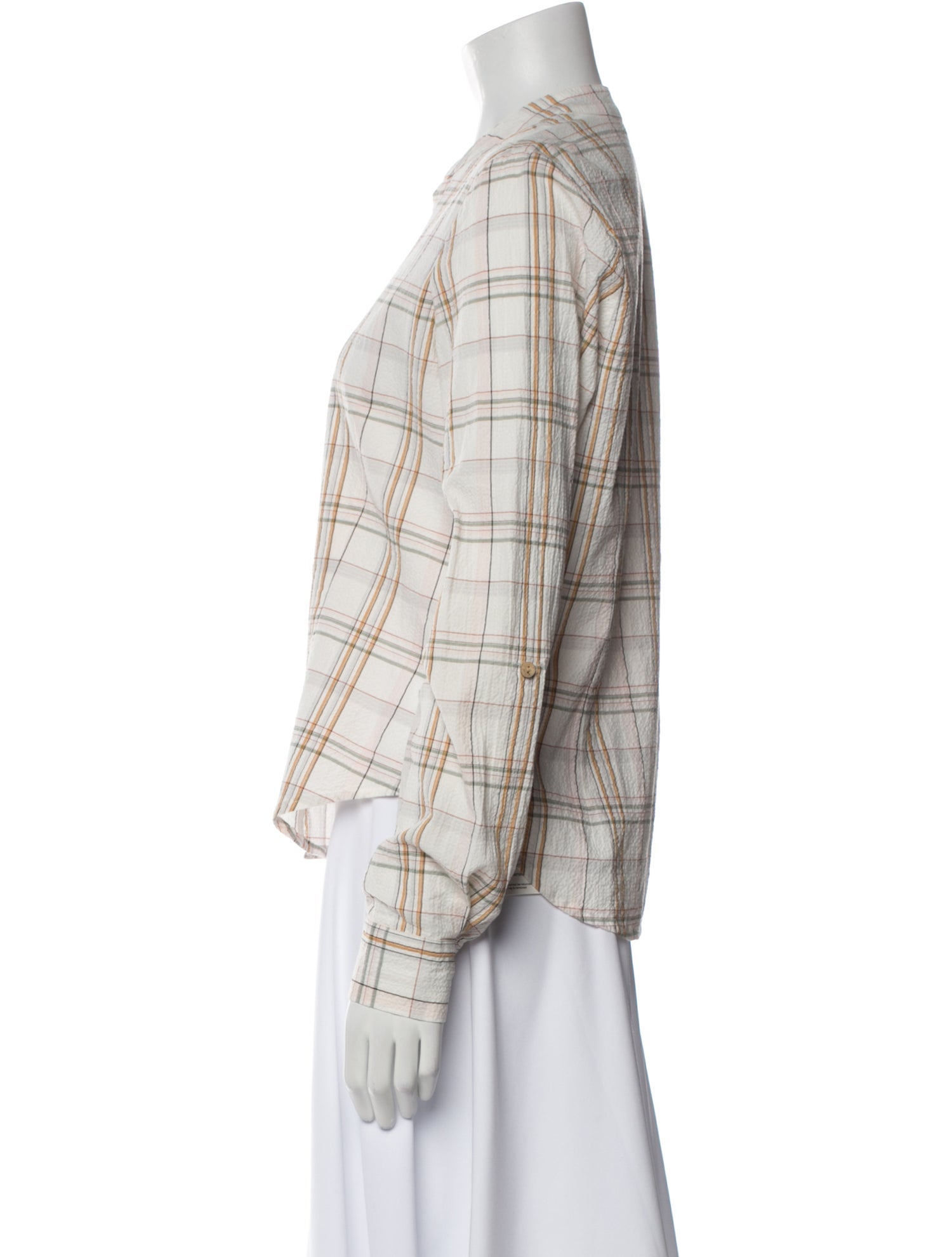 Veronica Beard Plaid Print V-Neck Button-Up Top