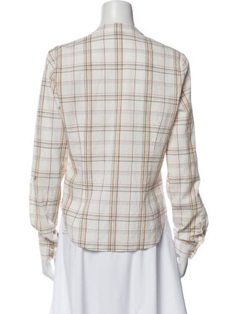 Veronica Beard Plaid Print V-Neck Button-Up Top