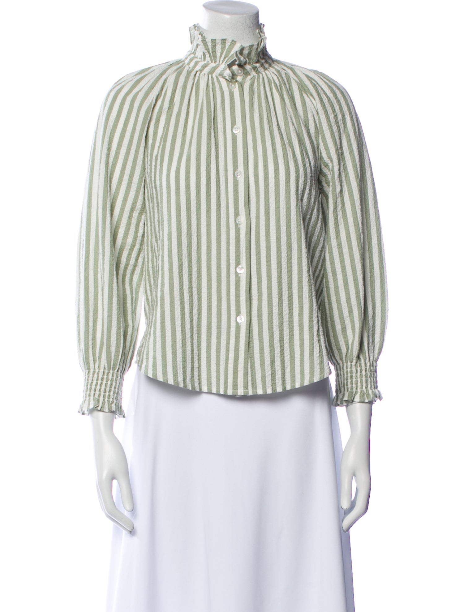Veronica Beard Striped Mock Neck Button-Up Top
