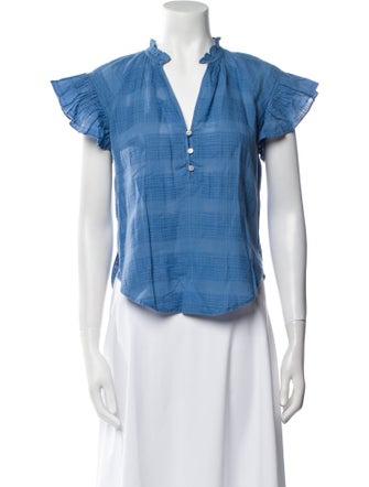 Veronica Beard V-Neck Short Sleeve Button-Up Top