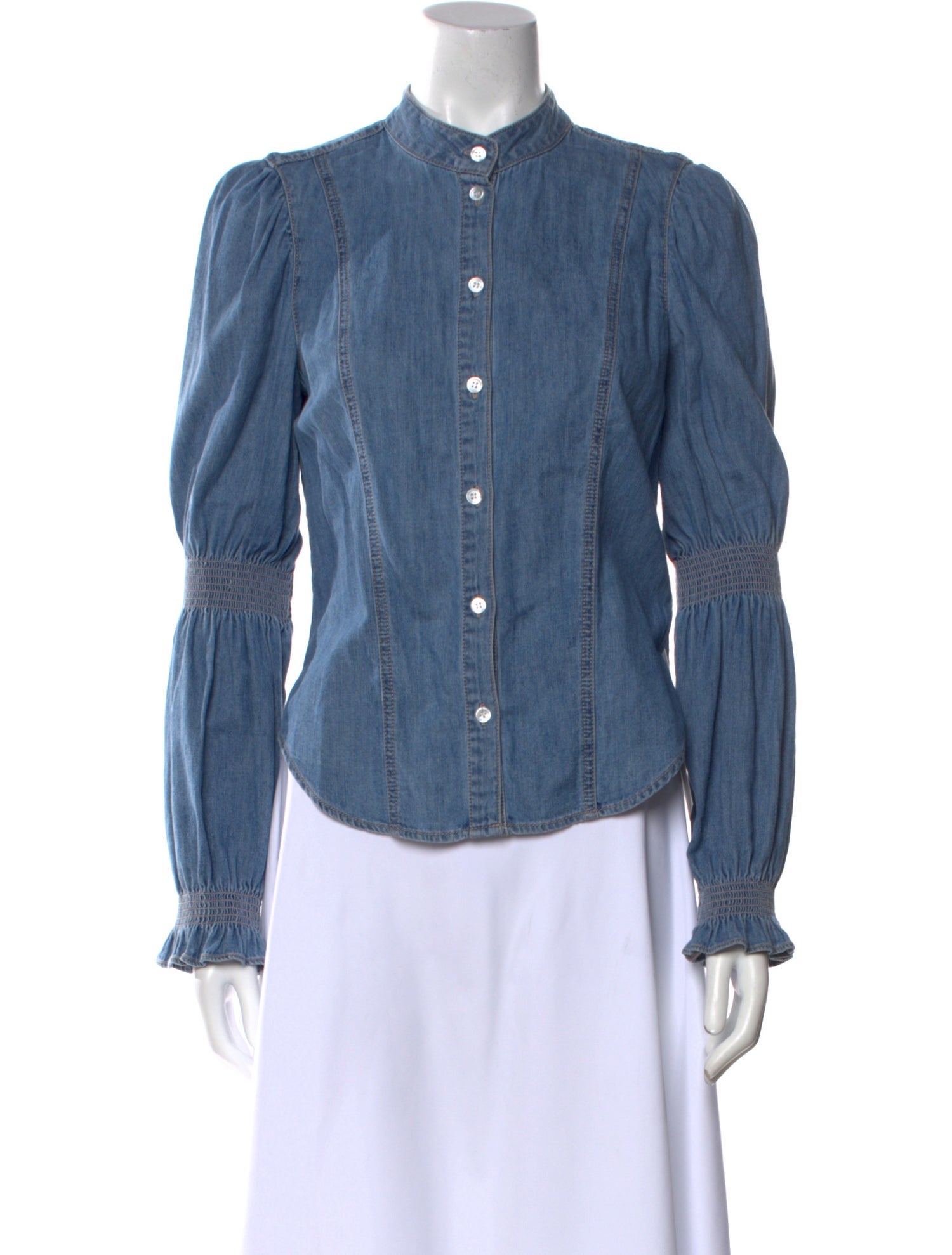 Veronica Beard Mock Neck Long Sleeve Button-Up Top