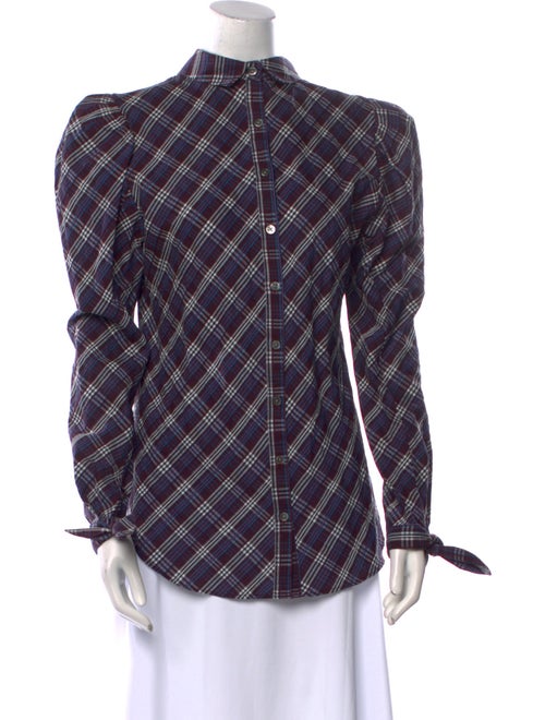 Veronica Beard Plaid Print Mock Neck Button-Up Top