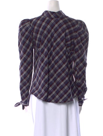 Veronica Beard Plaid Print Mock Neck Button-Up Top