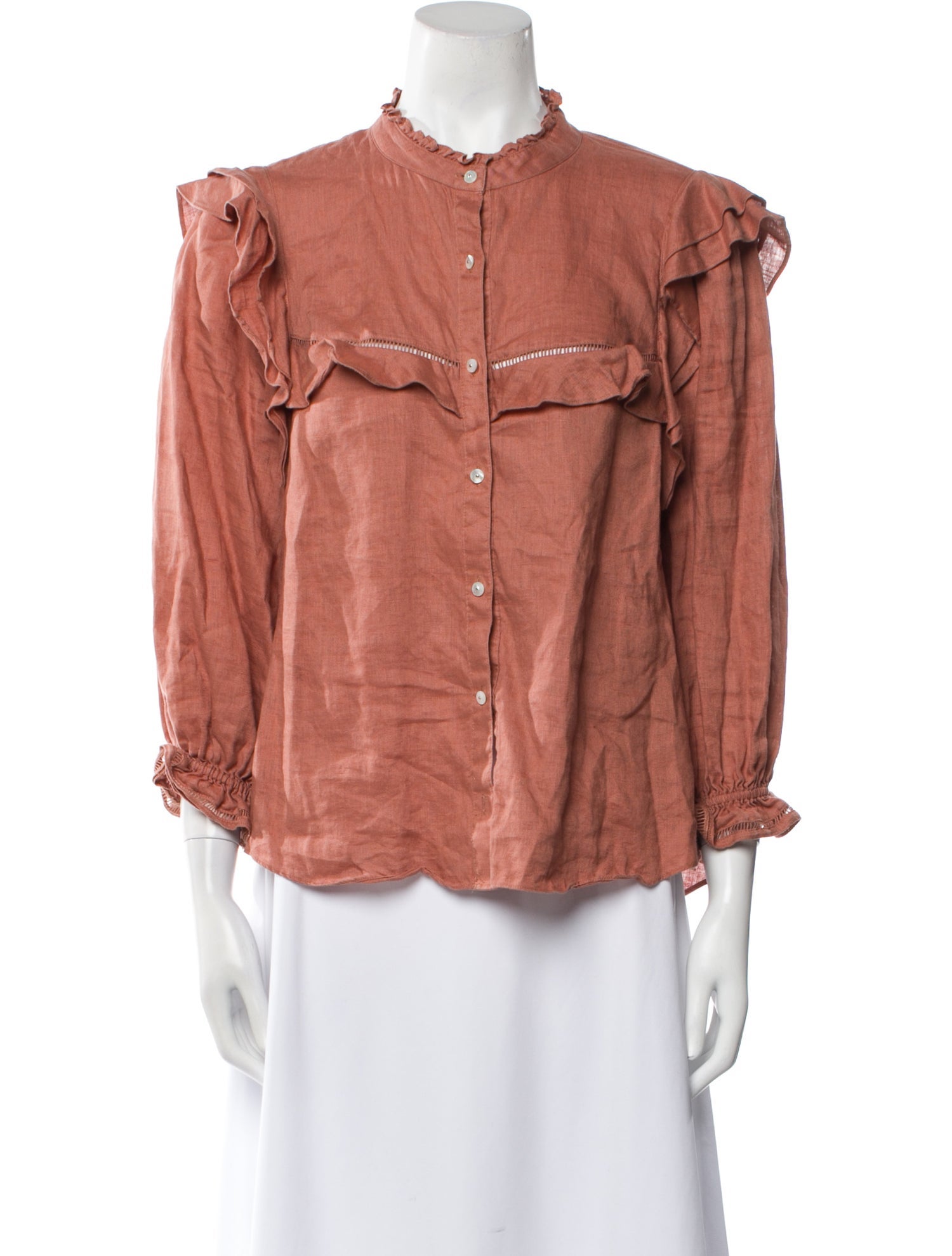 Veronica Beard Linen Mock Neck Button-Up Top