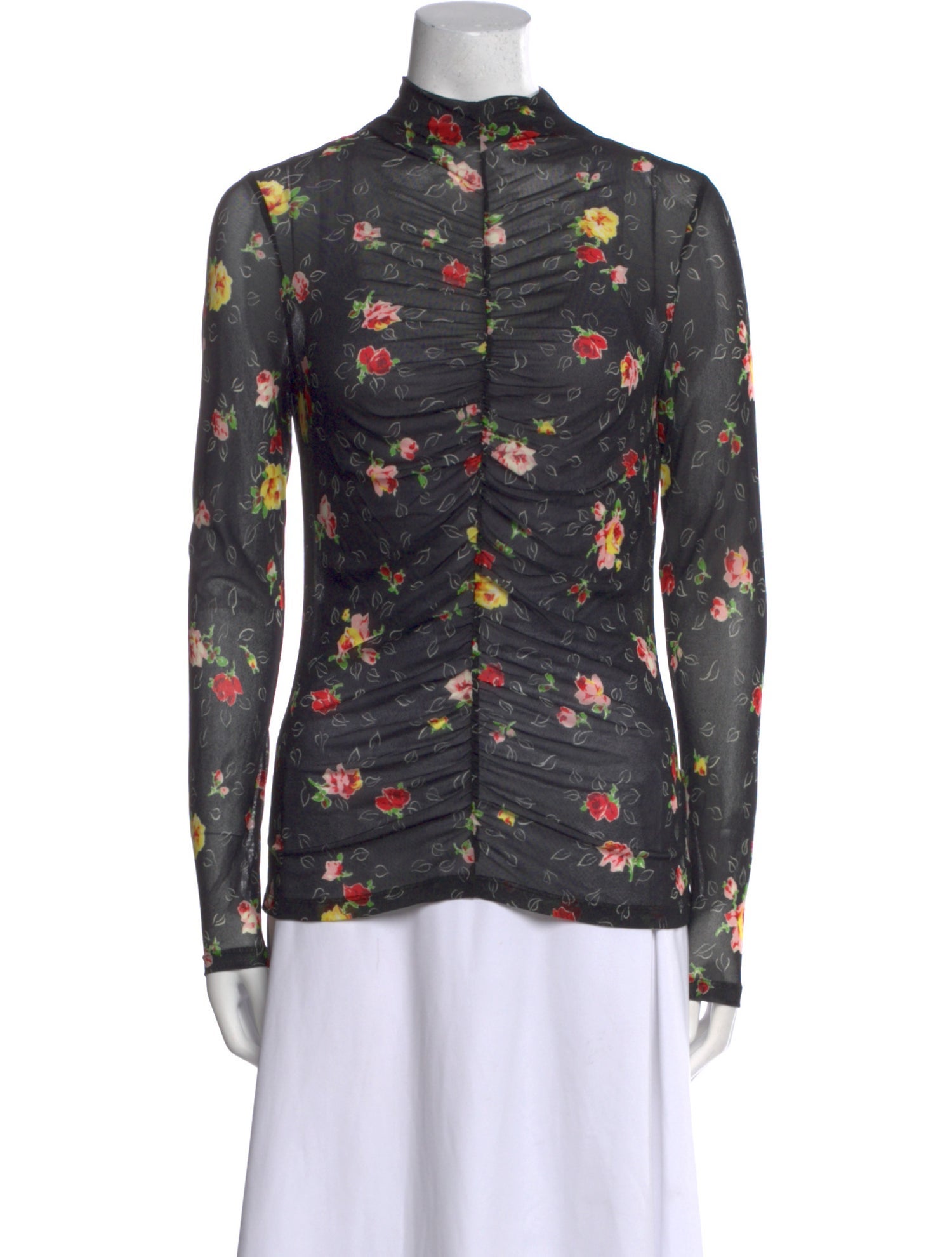 Veronica Beard Floral Print Mock Neck Button-Up Top