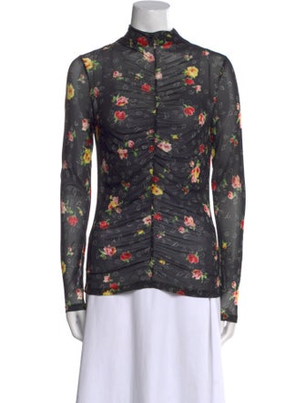 Veronica Beard Floral Print Mock Neck Button-Up Top