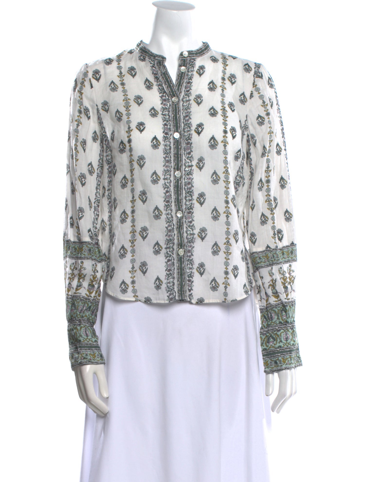 Veronica Beard Floral Print Mock Neck Button-Up Top