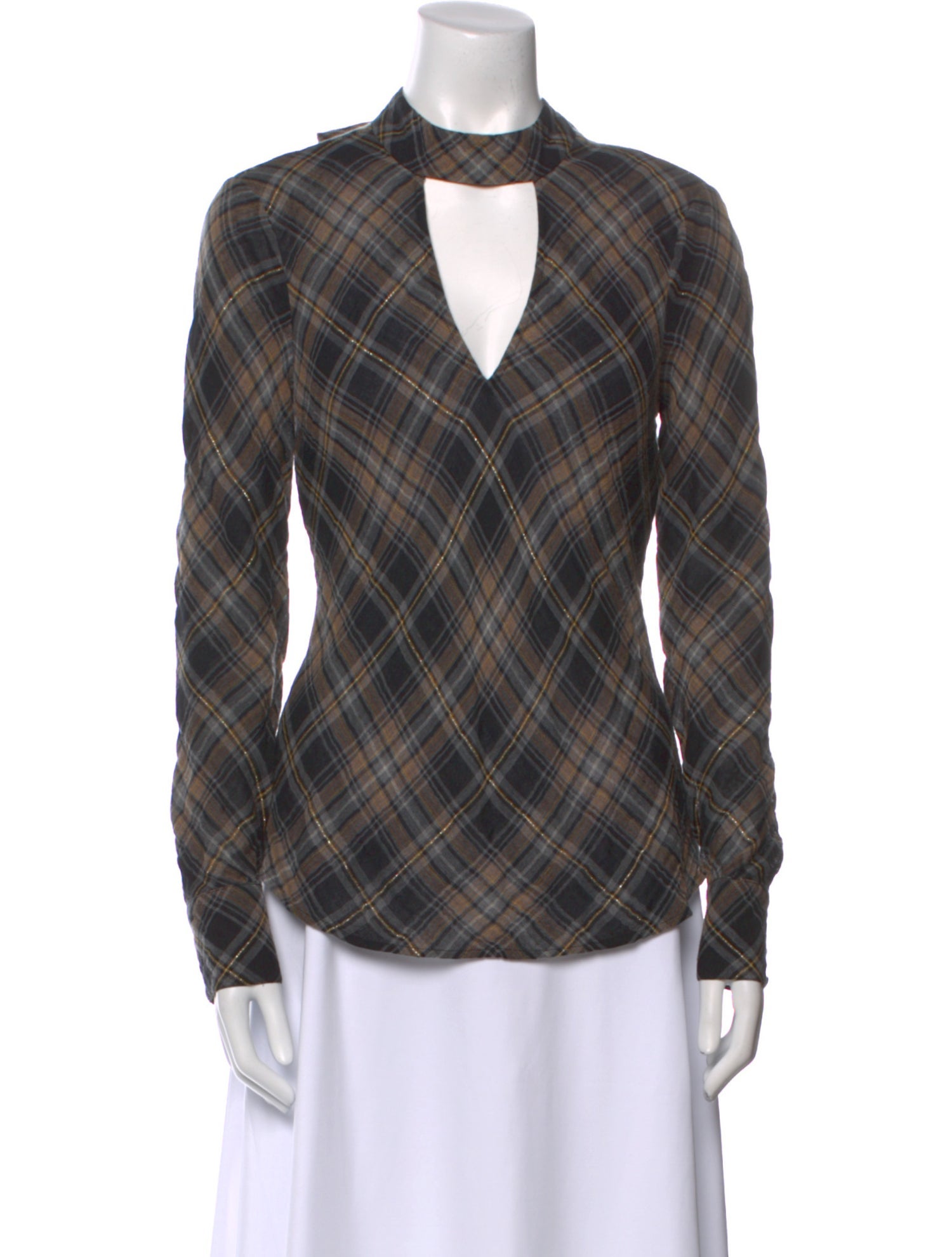 Veronica Beard Plaid Print Mock Neck Button-Up Top