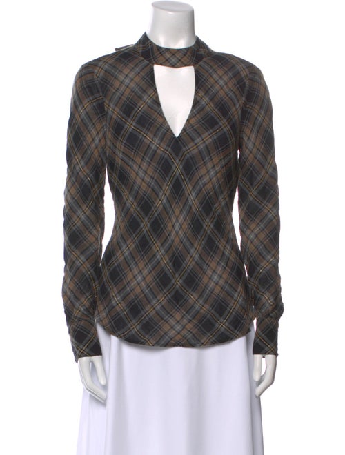 Veronica Beard Plaid Print Mock Neck Button-Up Top