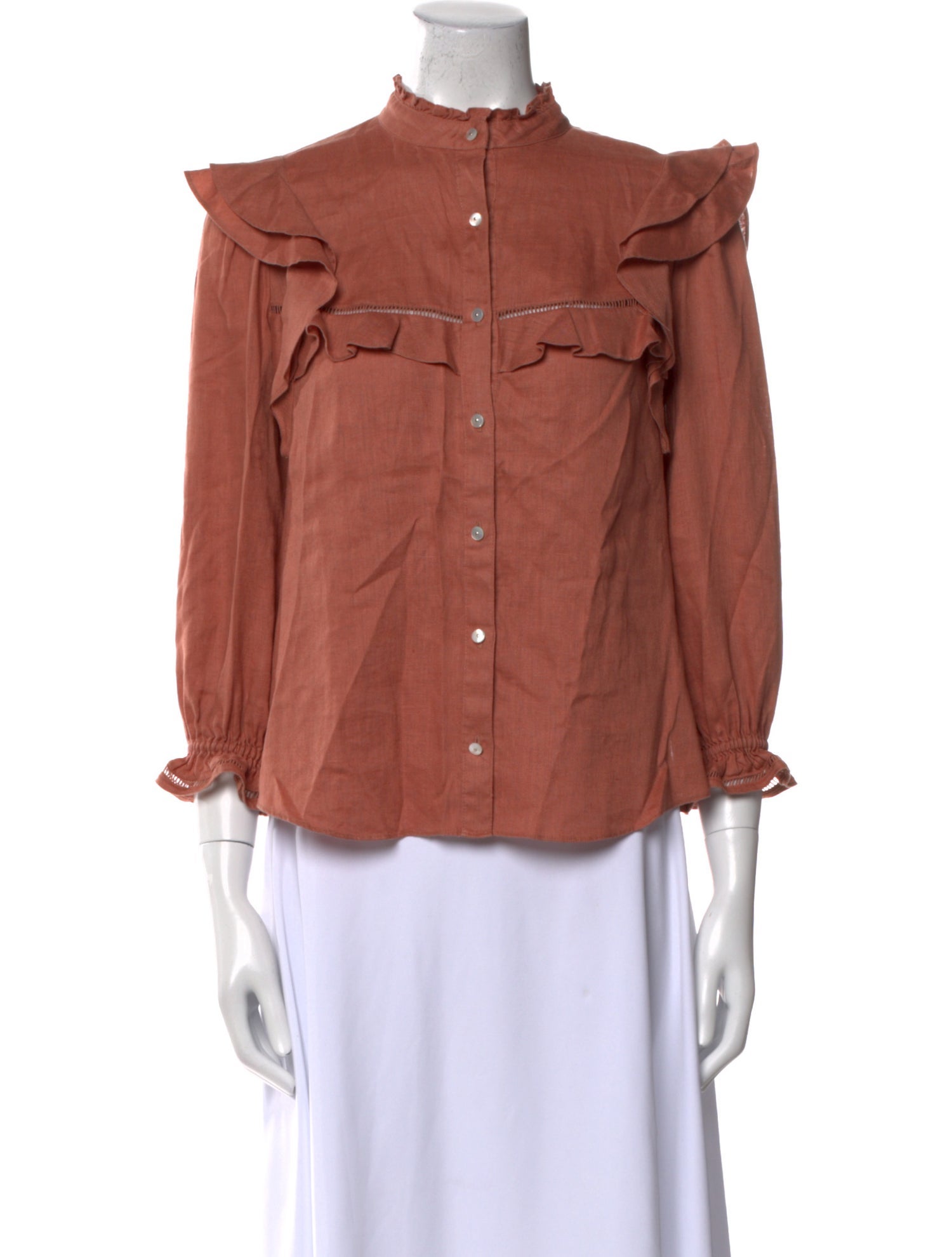 Veronica Beard Linen Mock Neck Button-Up Top