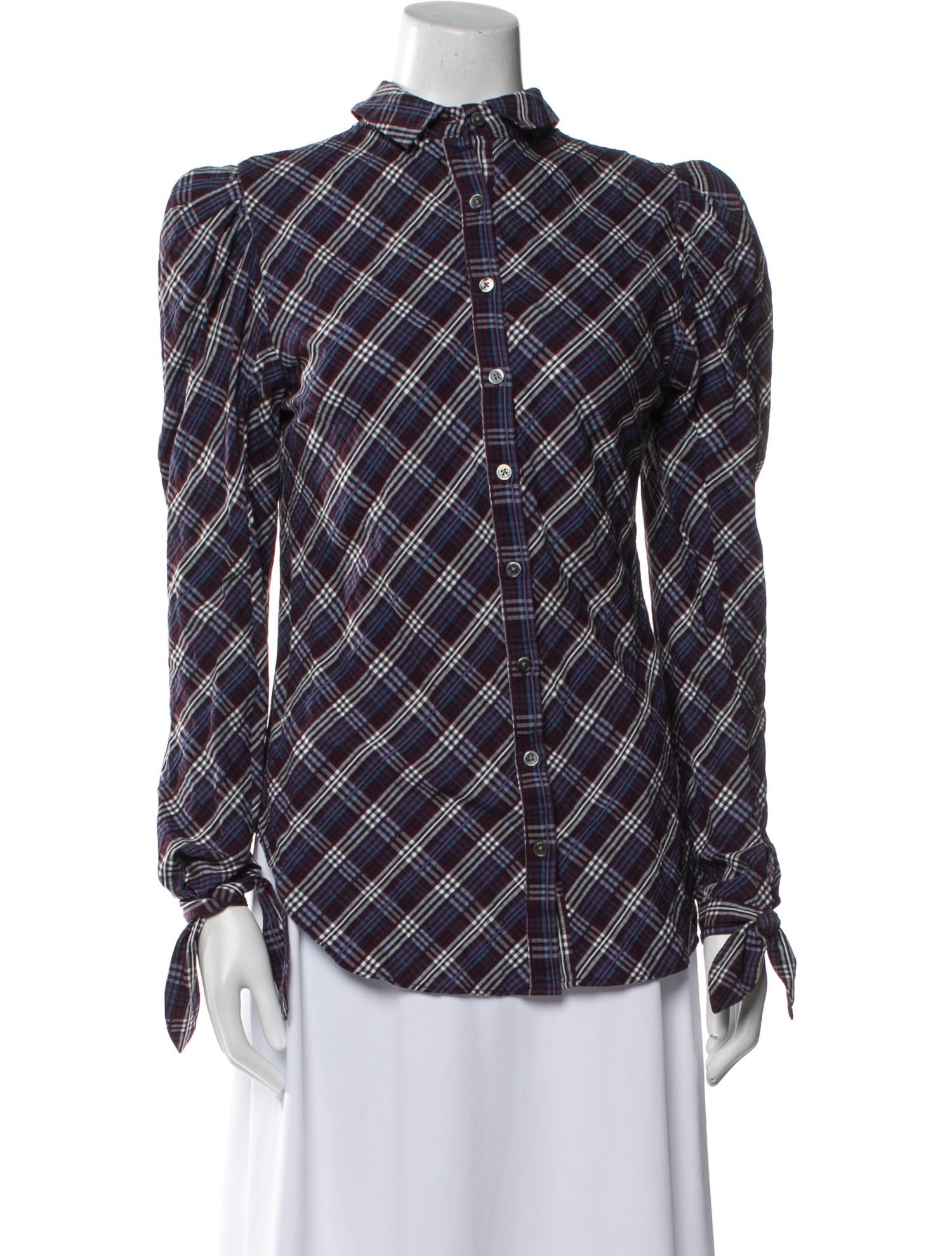 Veronica Beard Plaid Print Mock Neck Button-Up Top