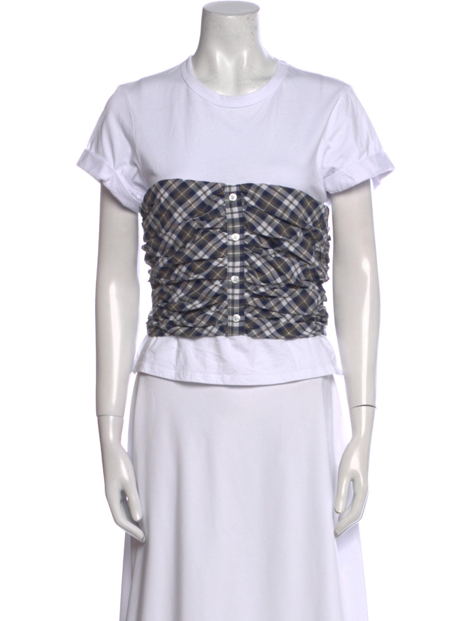 Veronica Beard Plaid Print Crew Neck Crop Top