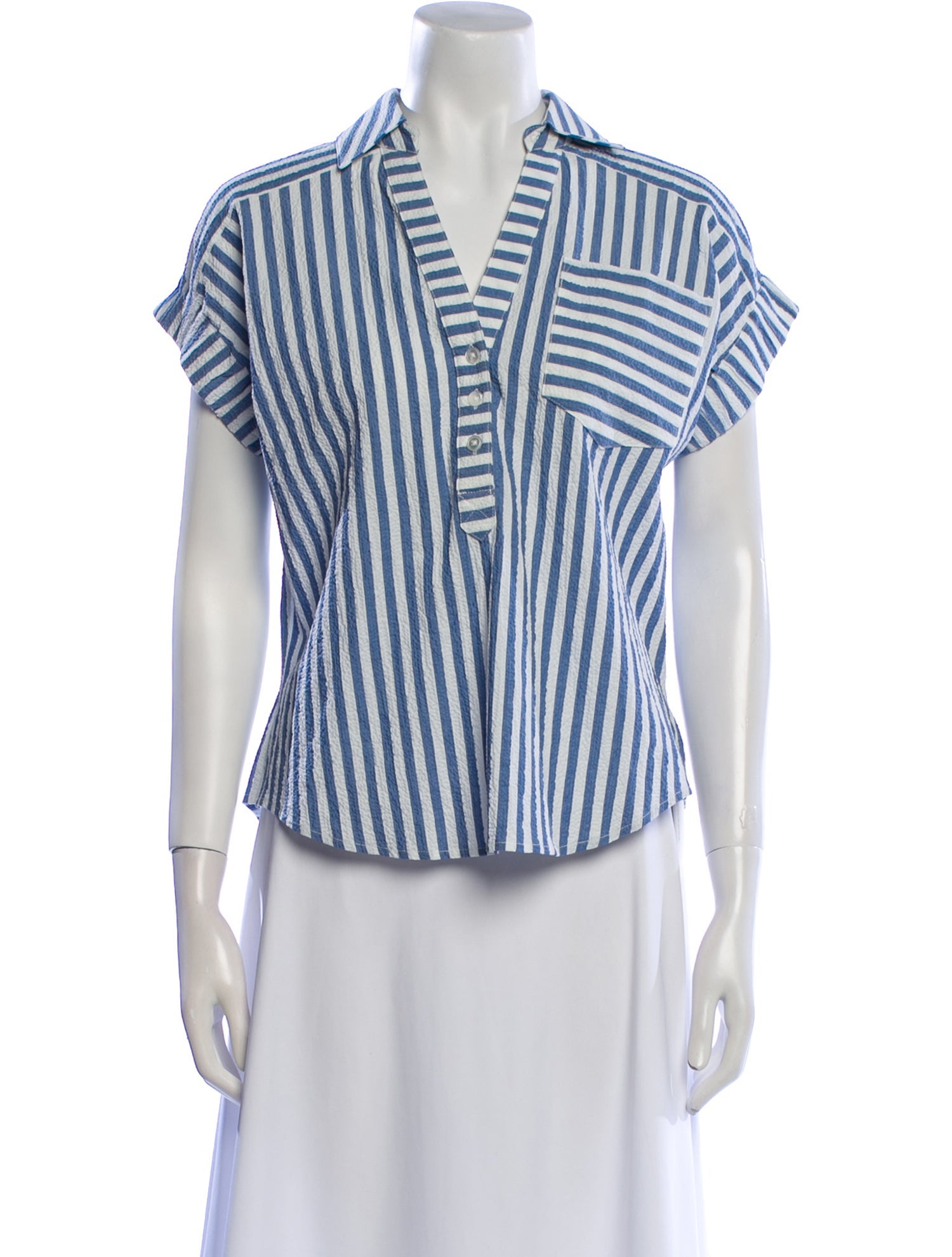Veronica Beard Striped V-Neck Button-Up Top
