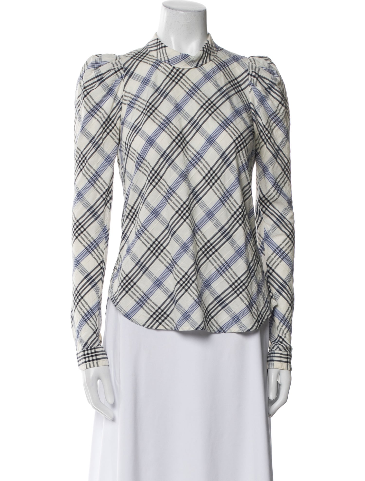 Veronica Beard Plaid Print Mock Neck Button-Up Top