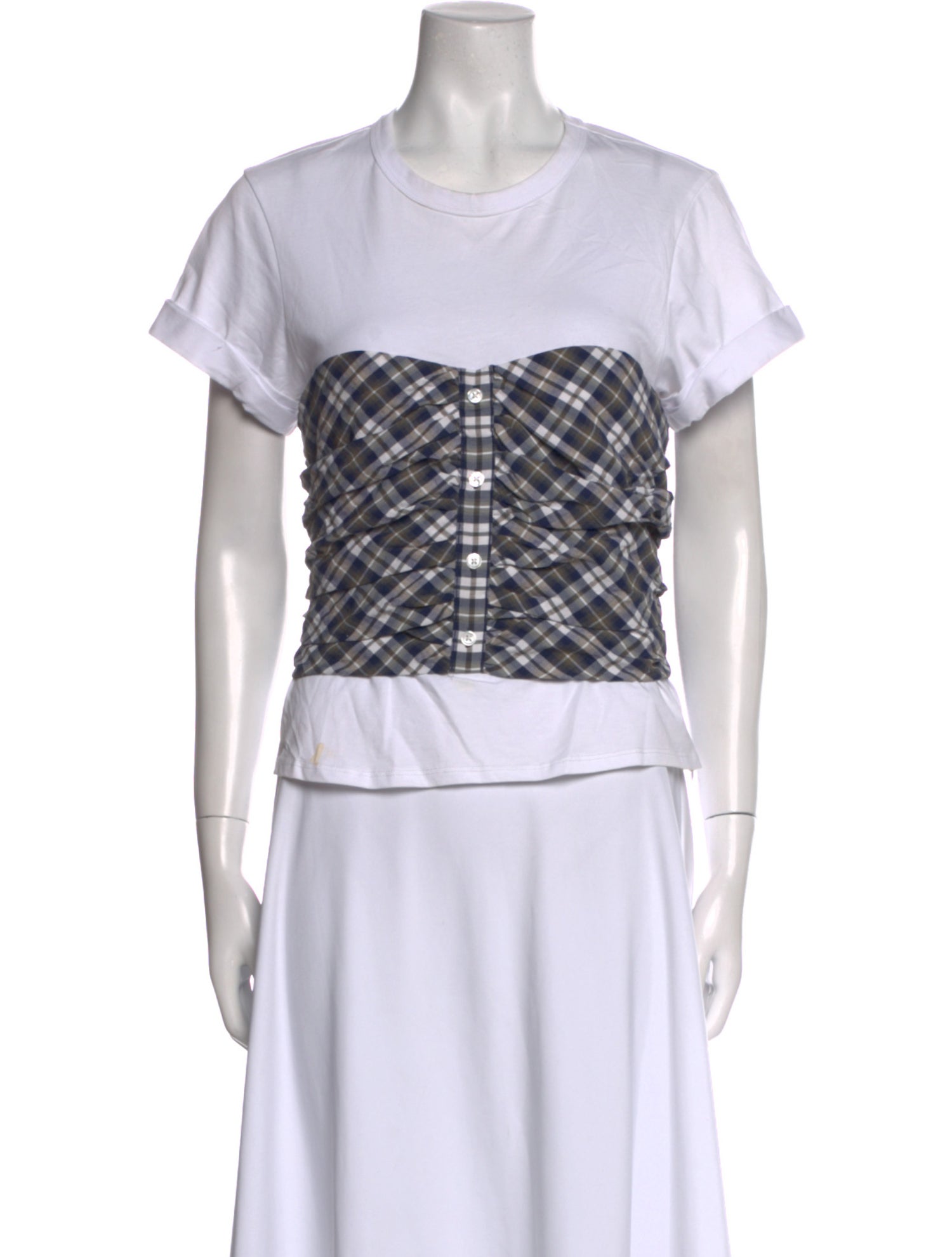 Veronica Beard Plaid Print Crew Neck Crop Top