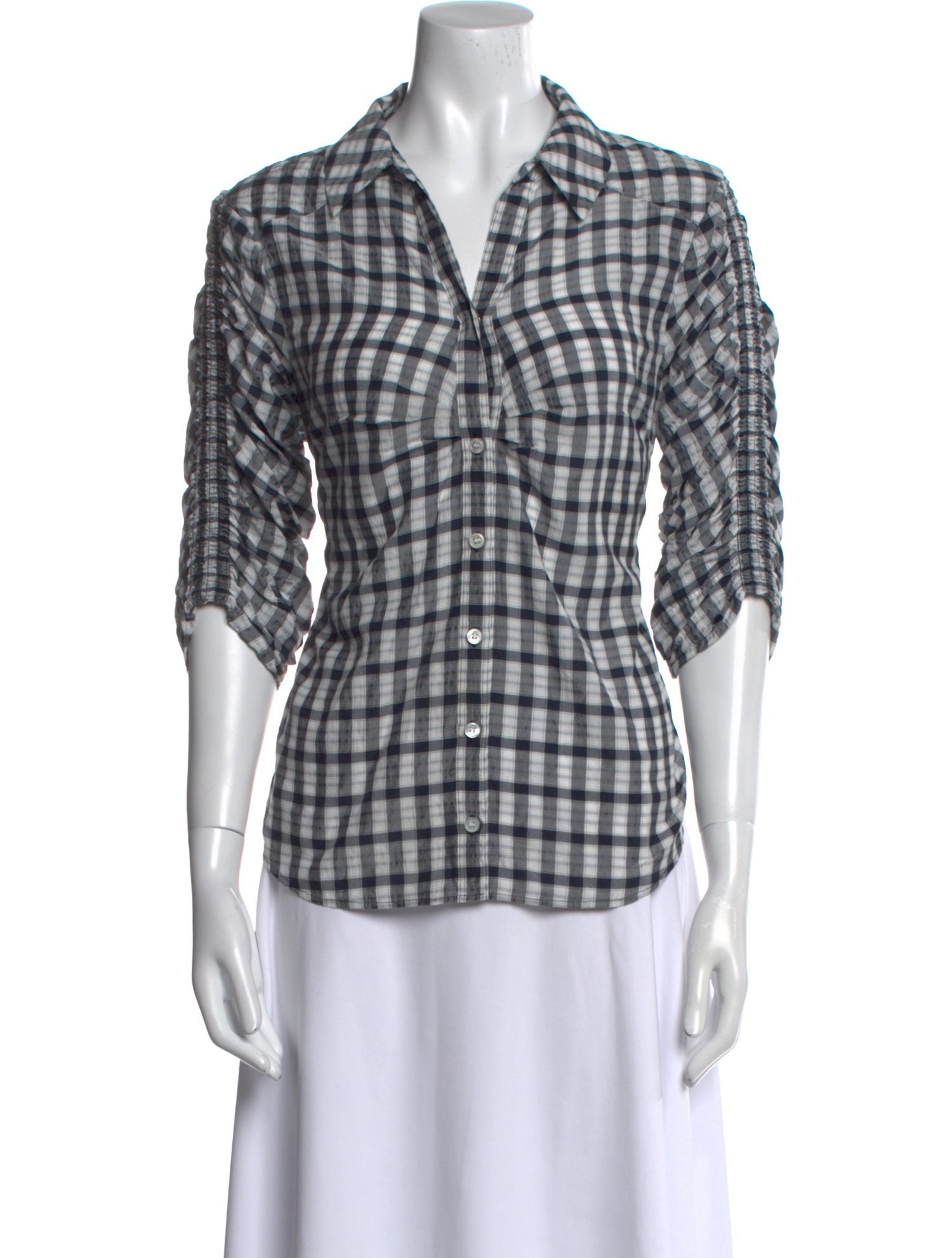 Veronica Beard Plaid Print Three-Quarter Sleeve Button-Up Top