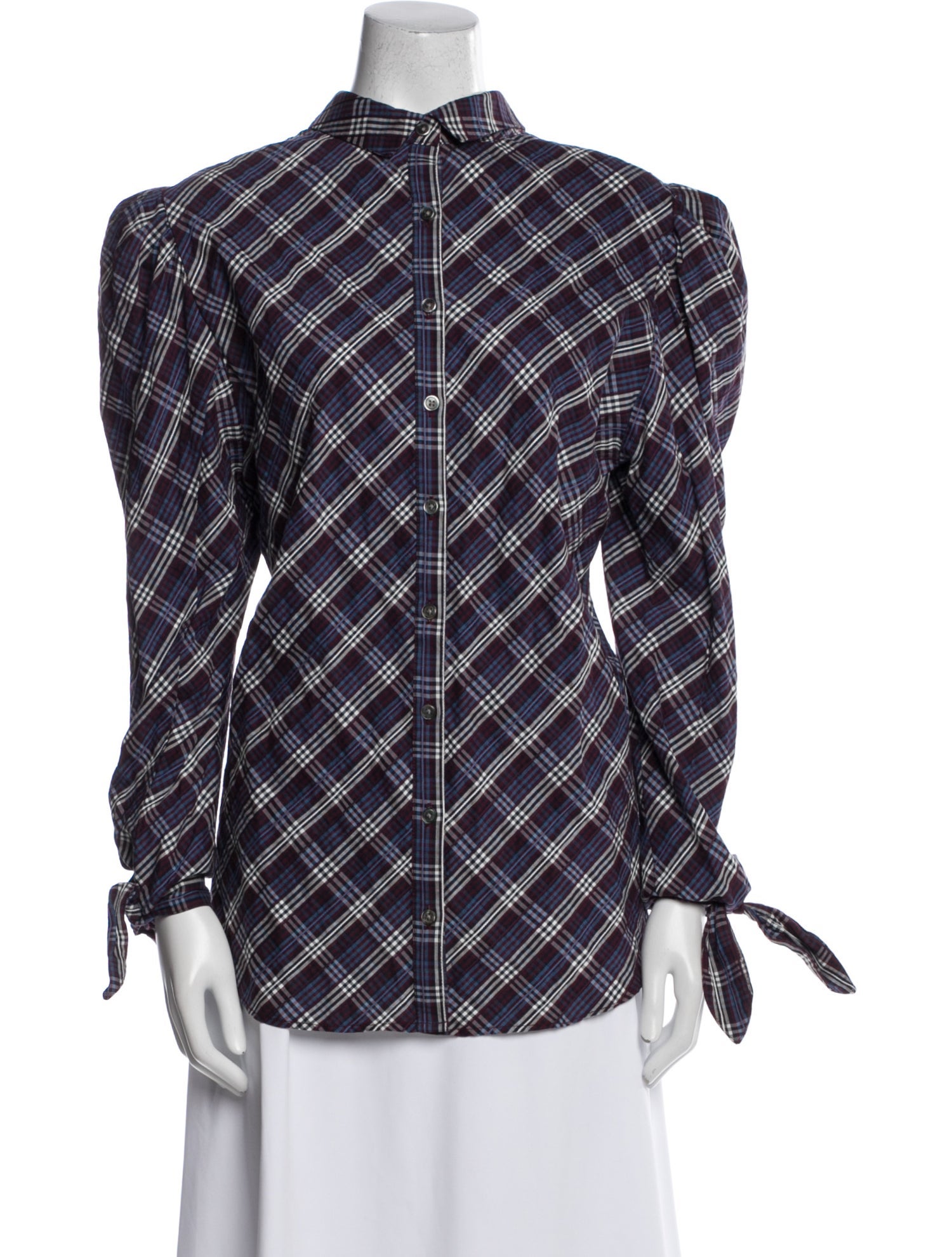 Veronica Beard Plaid Print Mock Neck Button-Up Top